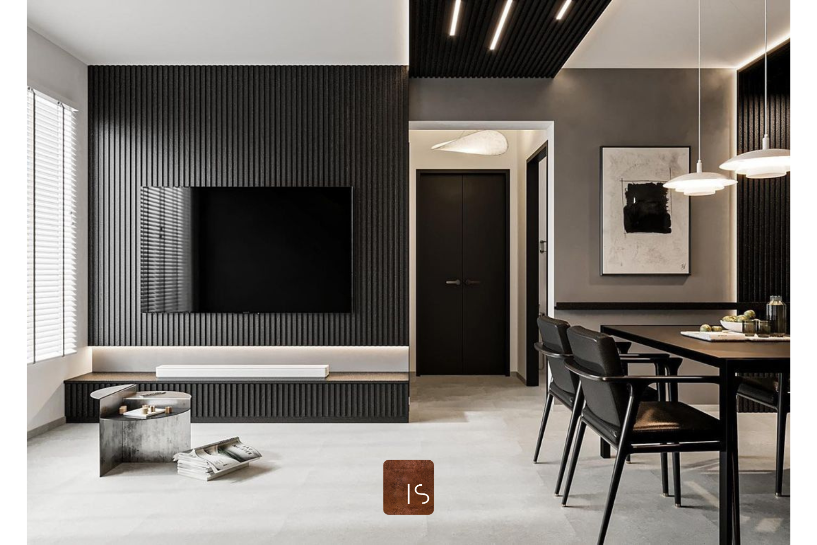 A black and white dining room with a tv.