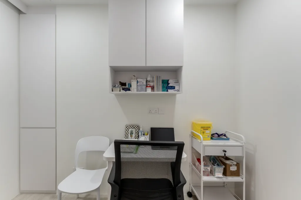 Modern medical office interior with supplies.