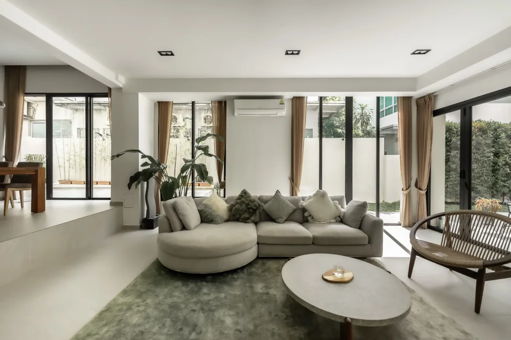 10 Lengkong Tiga detached house living room in Singapore with natural light and natural materials, interior by IS Design Studio