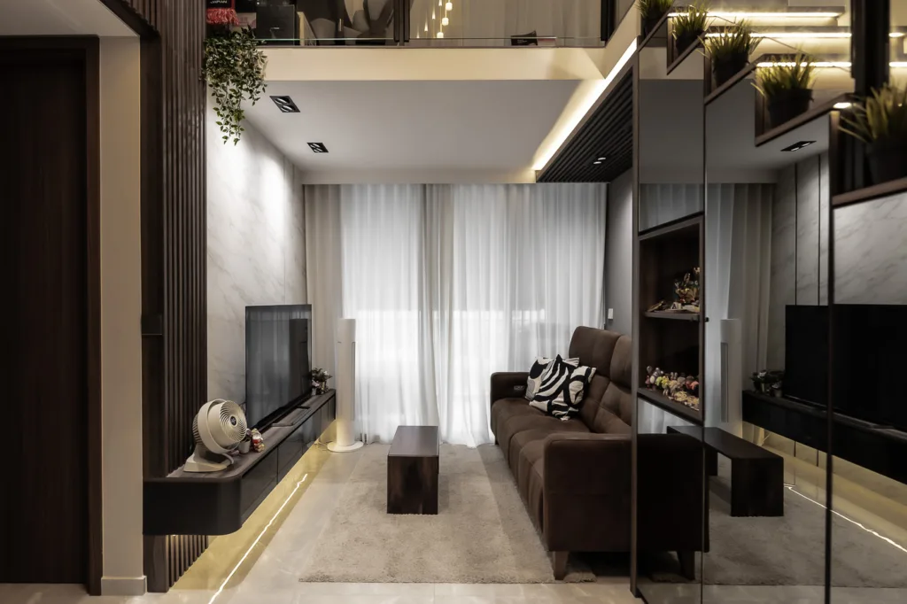 Modern living room interior with brown sofa and decor.