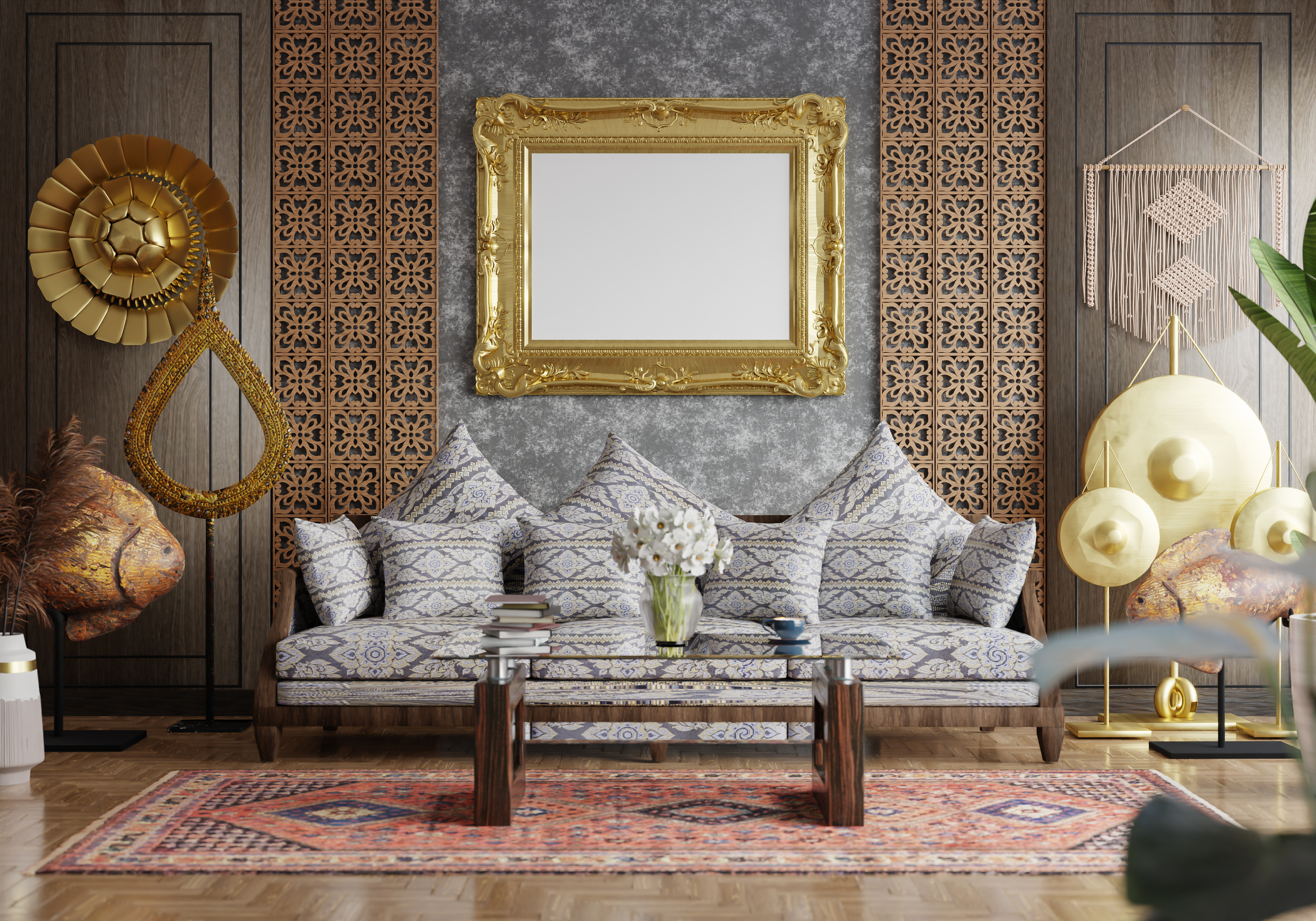 Living room with ornate gold accents, patterned sofa, and a large framed picture. Illustrates eclectic interior design history.