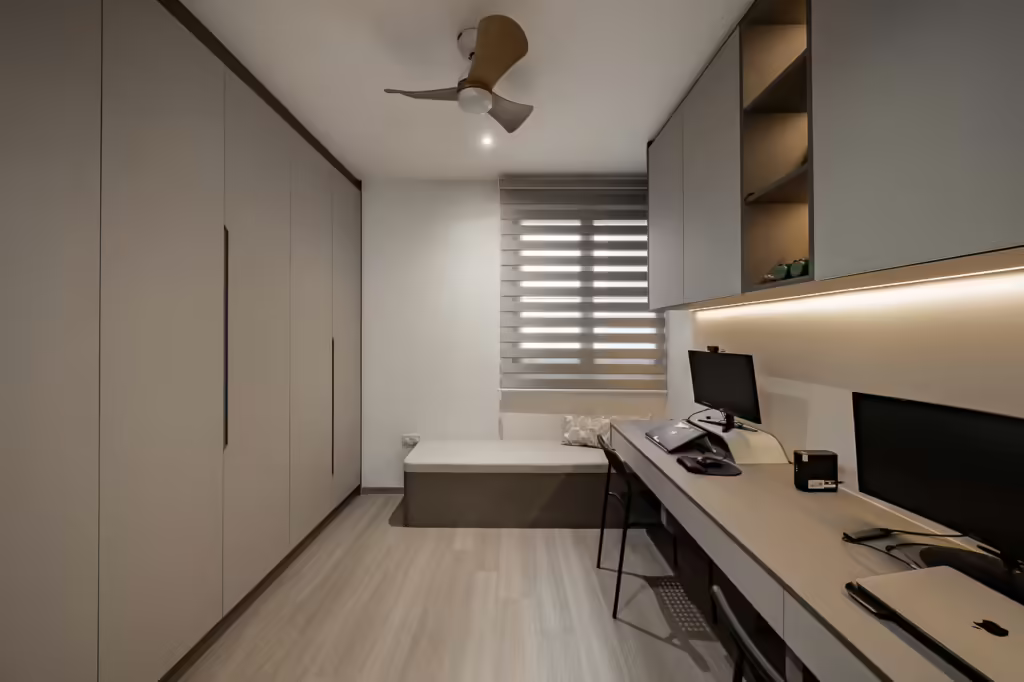 Modern bedroom at 13 Anchorvale Cres with built-in wardrobe and workspace.