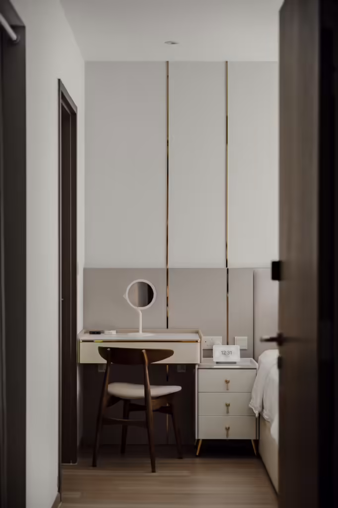 Modern minimalist bedroom vanity with chair at 13 Anchorvale Cres.