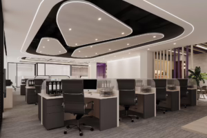 Modern office interior with sleek workstations and a unique ceiling design.