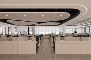 Modern office interior with open workspace and sleek design. Desks feature transparent dividers.