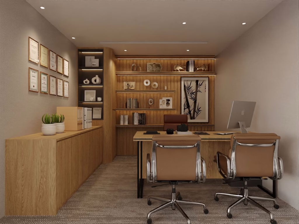 Modern minimalist home office with wood furniture and two brown leather office chairs.