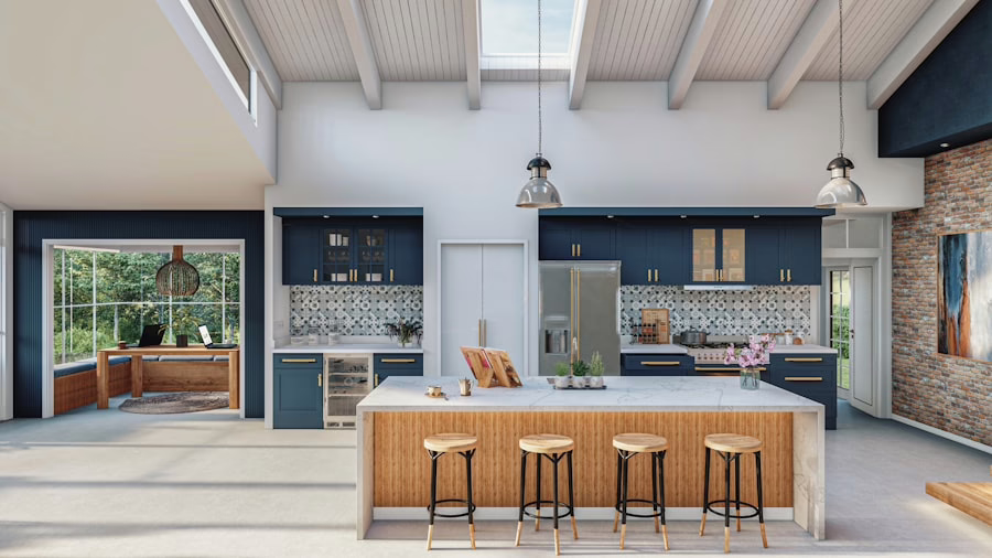 Modern kitchen with navy blue cabinets, marble island, and wooden stools. Open floor plan with sunlit workspace.
