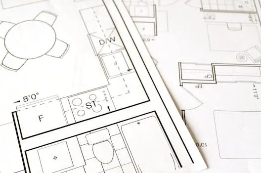 Close-up view of an architectural floor plan on paper showcasing detailed room layouts and measurements.
