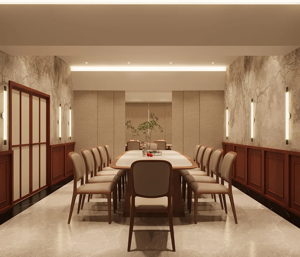 Modern dining room with long wooden table and beige chairs