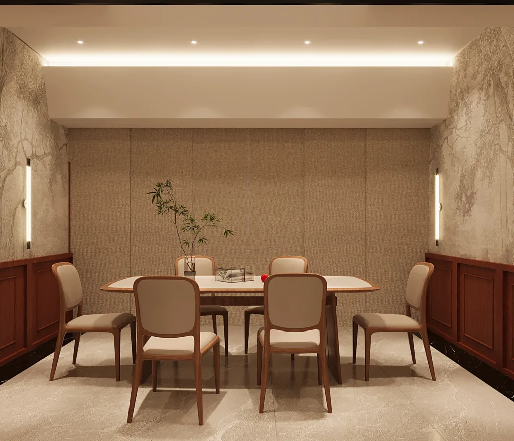 Modern dining room with beige walls, wooden chairs, and a rectangular dining table.