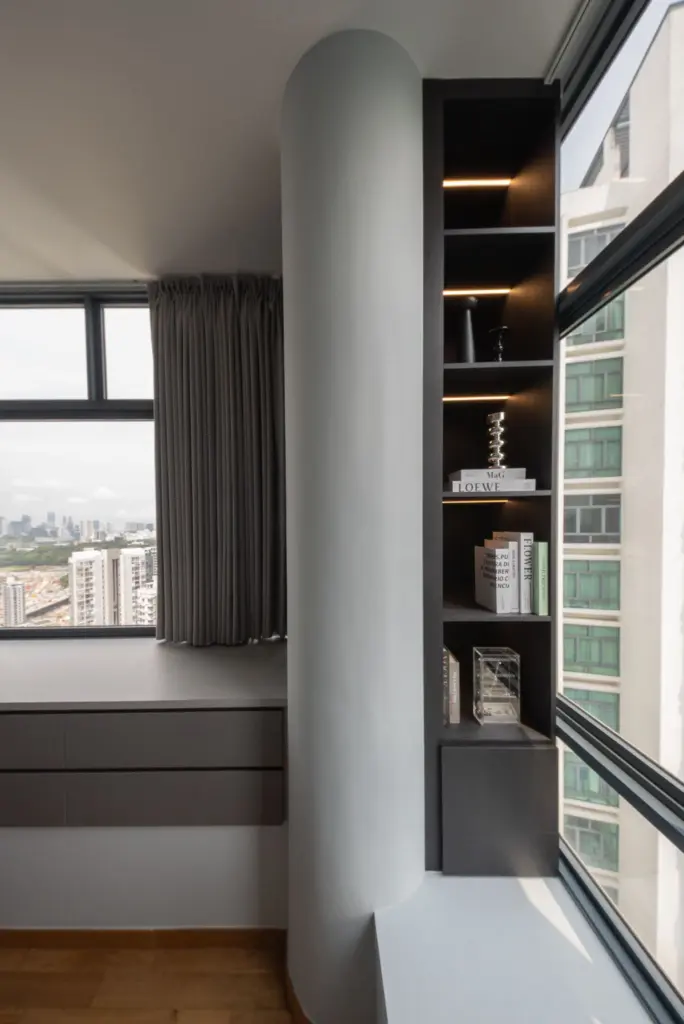 Modern apartment window with view and shelves. — at Soleil @ Sinaran, a condo interior by IS Design Studio