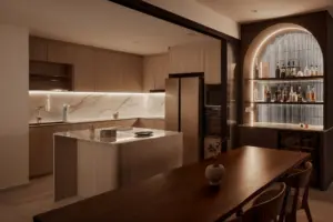 Modern kitchen with island and built-in bar shelves.
