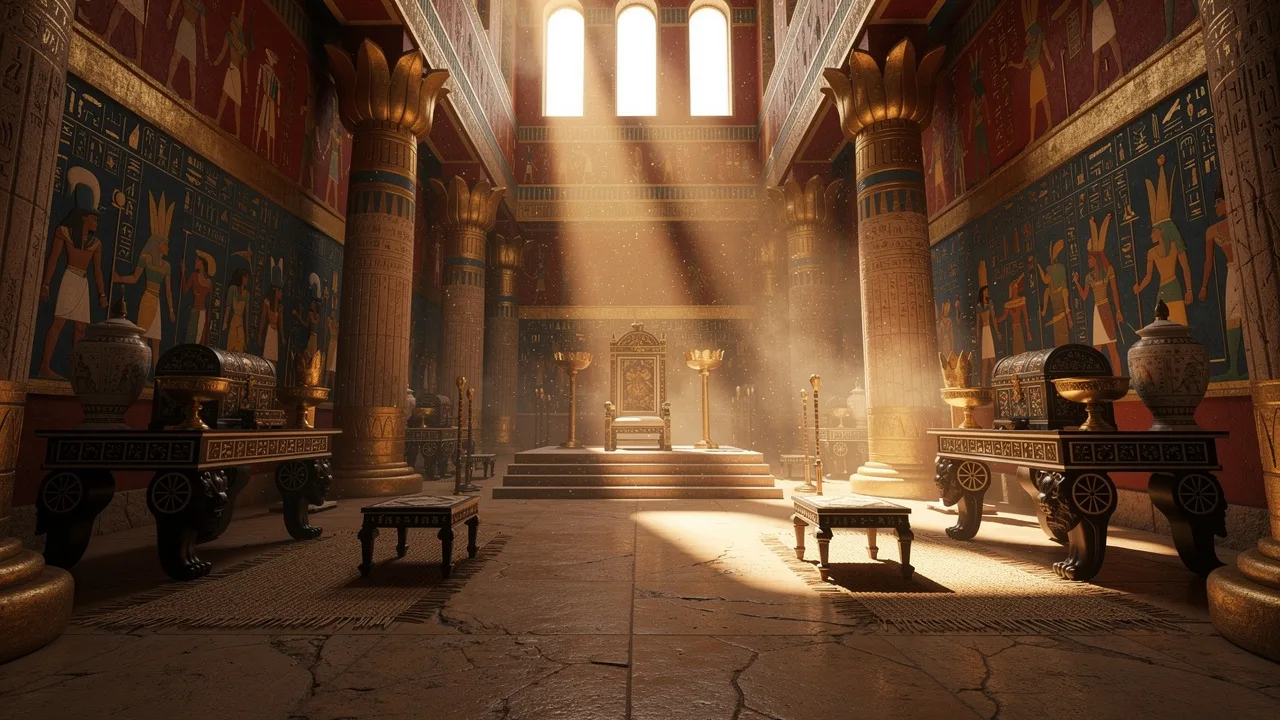 Ancient Egyptian palace interior with gold and vibrant colors