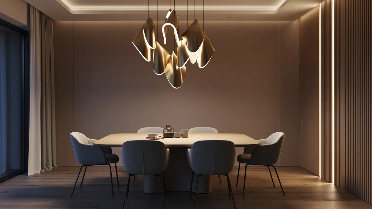 Sculptural pendant lighting in double-height loft ceiling
