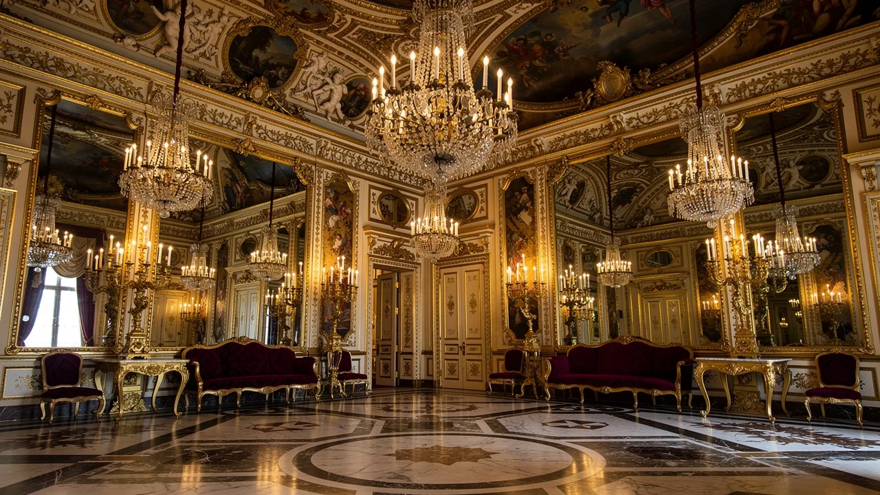 Baroque palace interior with gilded details and ornate furnishings