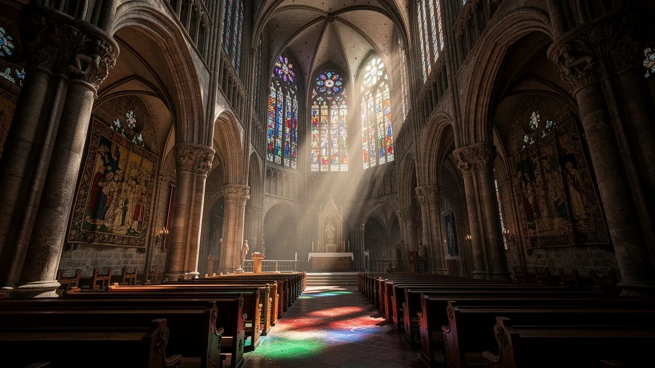 Gothic cathedral interior with stained glass and vaulted ceilings