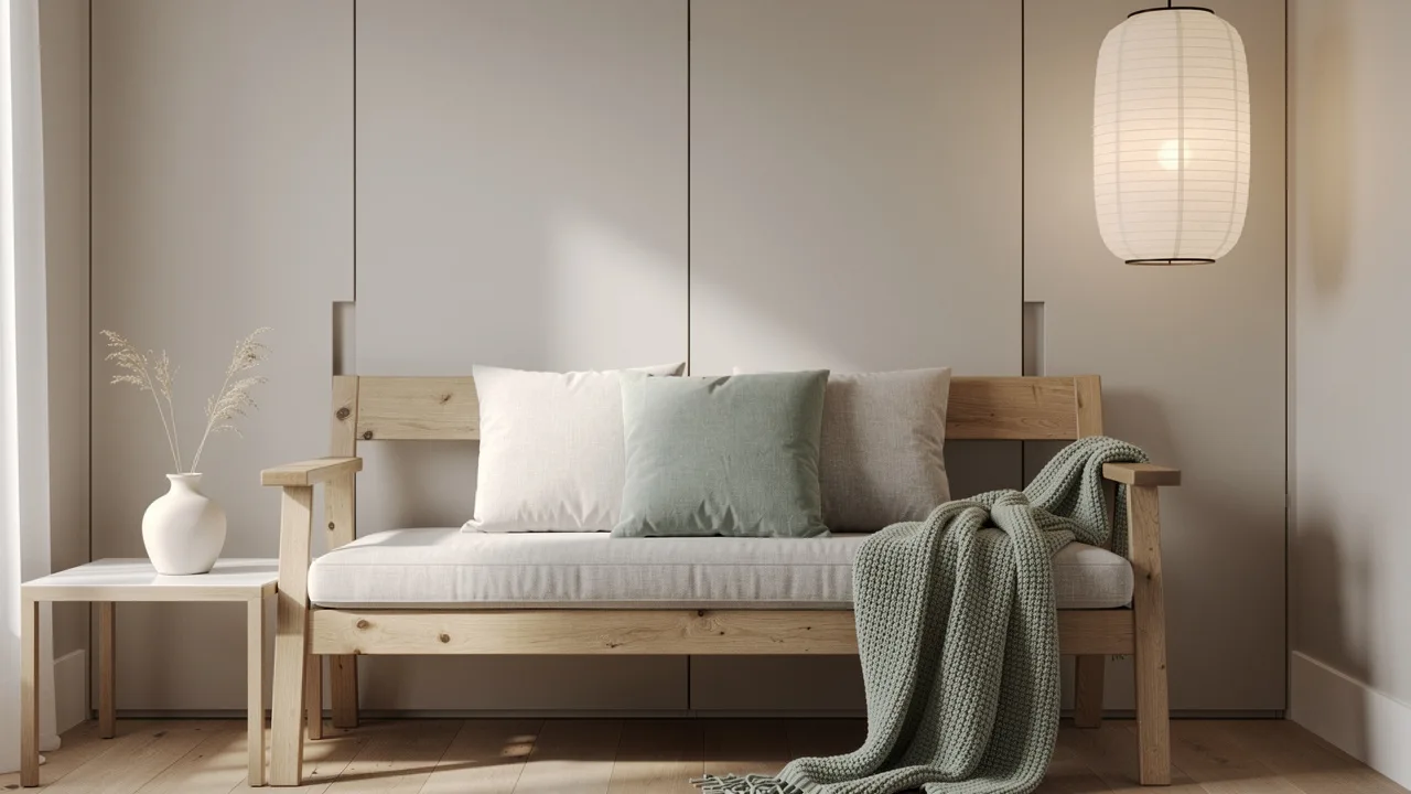 Japandi-style minimalist loft interior with natural materials