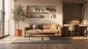 Modern living room with cozy seating and desk.