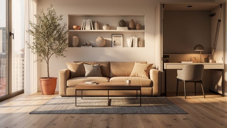 Modern living room with cozy seating and desk.