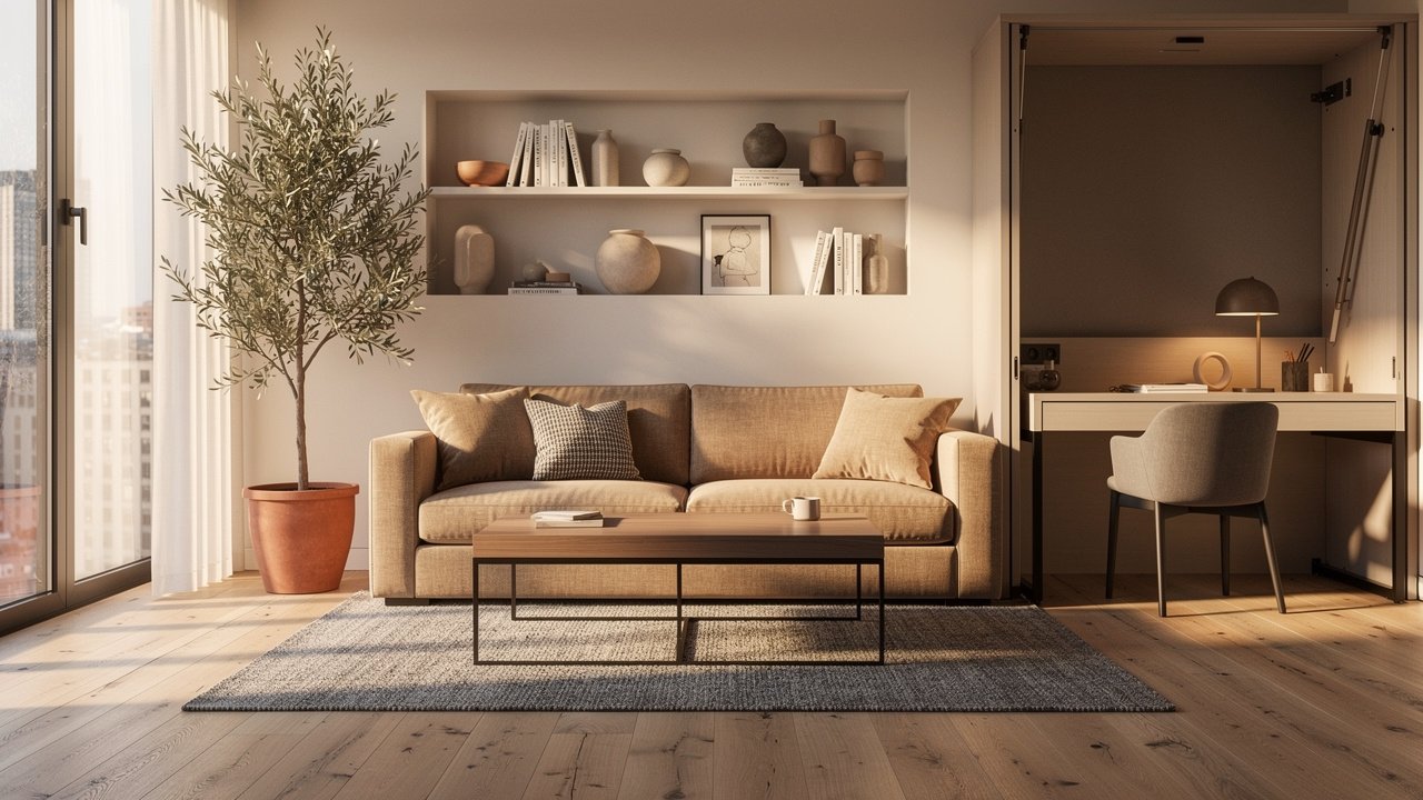 Modern living room with cozy seating and desk.