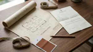 Flat-lay of an HDB floor plan, renovation permit document, measuring tape, and material swatch on a wooden desk