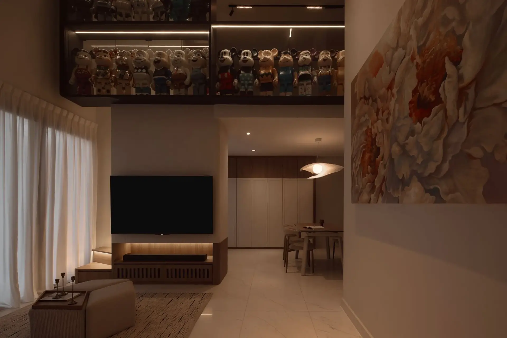 Double-volume living room at Waterford Residence with illuminated collectible display wall and walnut TV console, interior design by IS Design Studio